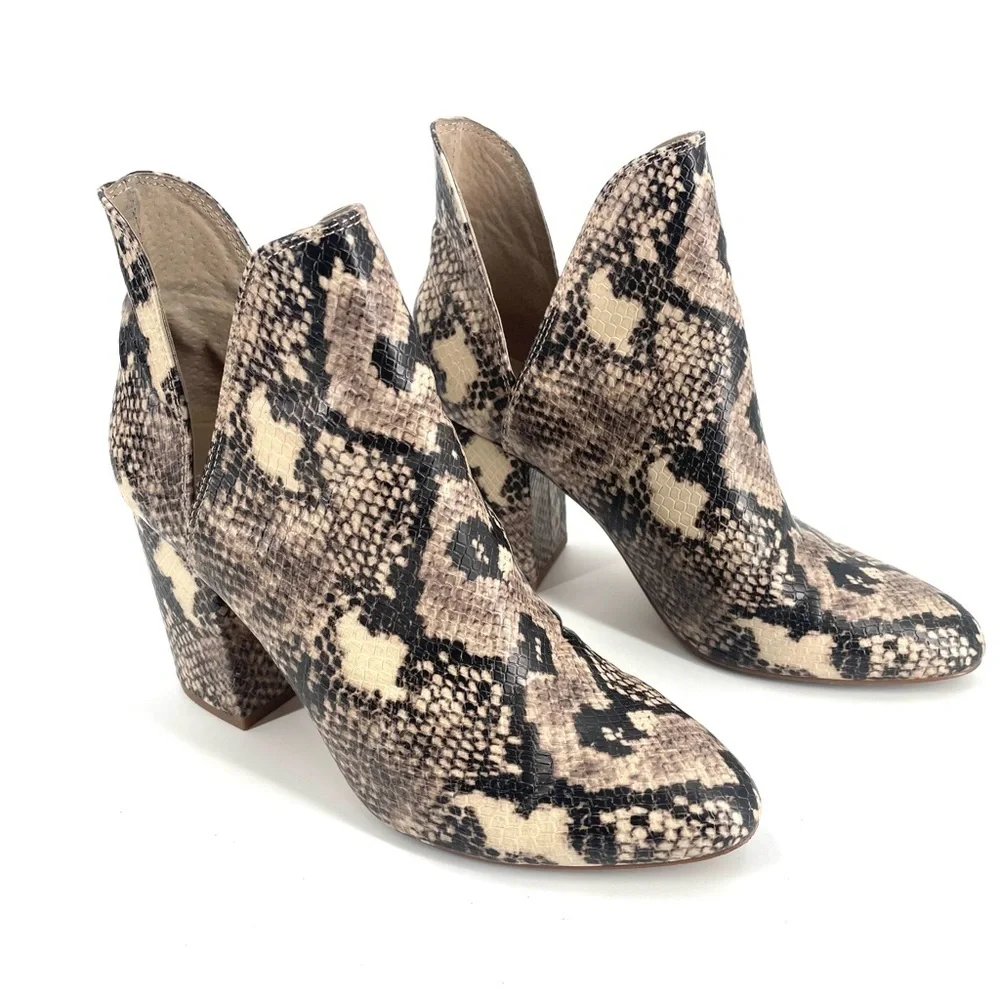 Steve Madden Rookie Beige Snake Print Open Ankle Closed Toe Slip On Bootie Heel